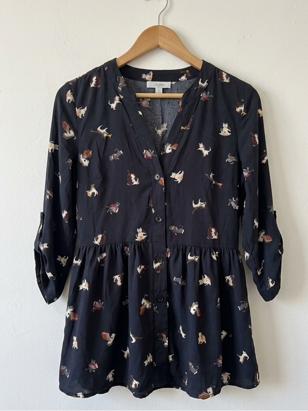 Jessy B ModCloth Musical Cat Print Blouse Top Plus Size 4X Black Peplum Roll Tab